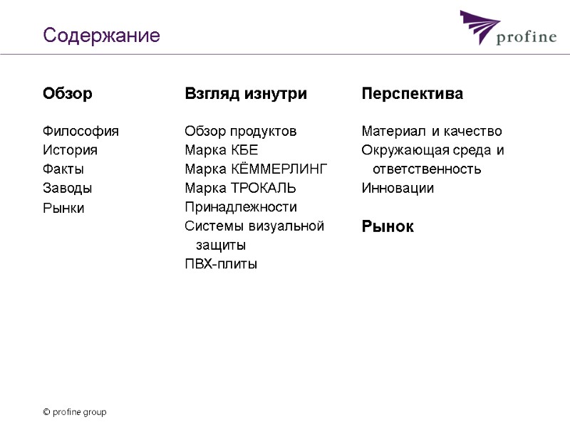 Содержание Взгляд изнутри  Обзор продуктов Марка КБЕ Марка КЁММЕРЛИНГ Марка ТРОКАЛЬ Принадлежности Системы